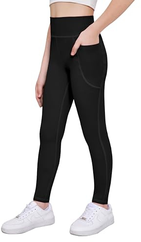 Arshiner Flickleggings, barn, långa, sportleggings, enfärgade, hög midja, sportbyxor, basic, elastiska leggings, jogging, träning, yogabyxor med fickor 5–14 år