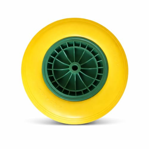 Bertie Barrow Puncture Proof Wheelbarrow Wheel 4.80/4.00-8 – Solid PU Tyre Replacement with 20mm Axle, Heavy Duty Garden & Builders Barrow Wheel (Yellow/Green) 1 or 2 pack