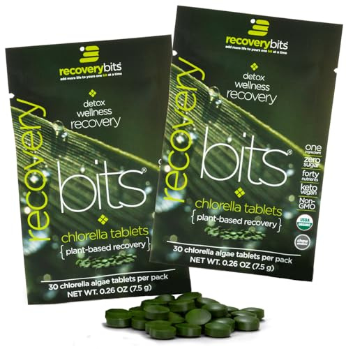 RECOVERYbits Organic Chlorella Algae Tablets, Superfood, Pure Green Algae, High Protein and Fiber, Chlorophyll, Cracked Cell Wall Non-Irradiated, for Immune Boosting and Detox, Non-GMO, 60 Tablets