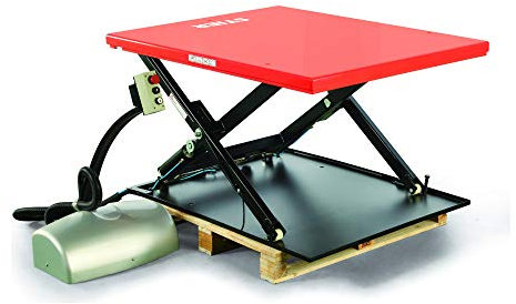 STIER Flach-Scheren-Hubtisch elektrisch mit 1000kg Tragkraft, Plattform mit Pulverbeschichtung: 1450x1140mm, Hubtisch Rot mit externem Bedienteil, flexibel transportierbar