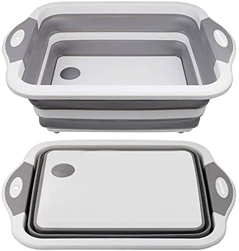 NEWOSTER Collapsible Cutting Board - Multifunction Chopping Board, Basin Drainer & Washing Bowl Dish Tub Draining Plug Kitchen Scissors Portable Drain Basket for Camping, Picnic, BBQ (Gray)