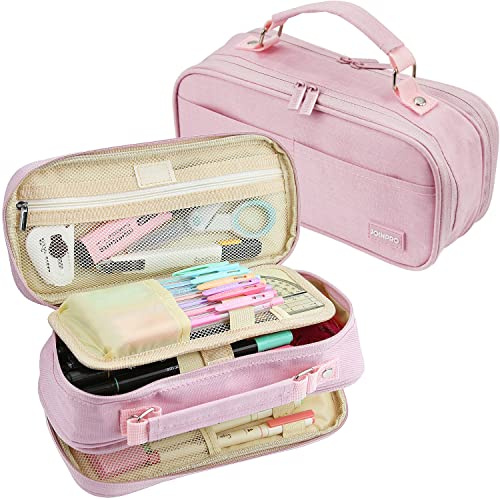 JOINPRO Pencil Case, Large Capacity Pencil Case Organizer; Double Zipper Storage Bag; Big Pencil Pouch for College School Office Teen Girl Boy Men Women Adult (Pink)