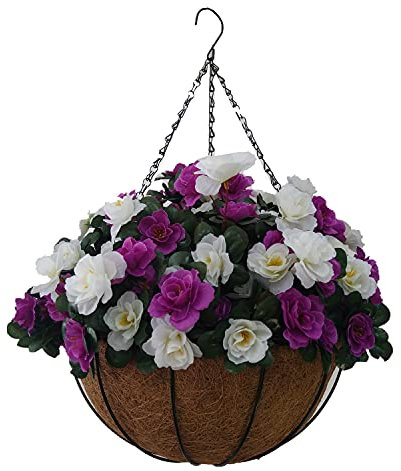 Künstliche Azaleen-Blumen für Zuhause und im Freien, zum Aufhängen, großer Korb, Feiertagsdekoration, Blumentopf (lila-weiß)