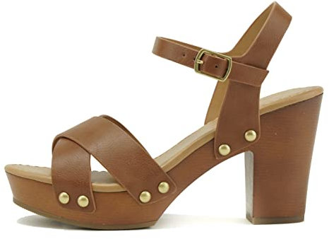 Soda MIGUEL ~ Damen Crisscross Band Mode Chunky Plateau Block Mid Heel Sandale mit Knöchelriemen und Nieten, Braun PU, 38 EU