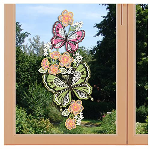 artex deko Fensterbild Mariposa Schmetterlinge Echte Plauener Spitze Frühlings- und Sommermotiv grün-pink 25 x 15 cm