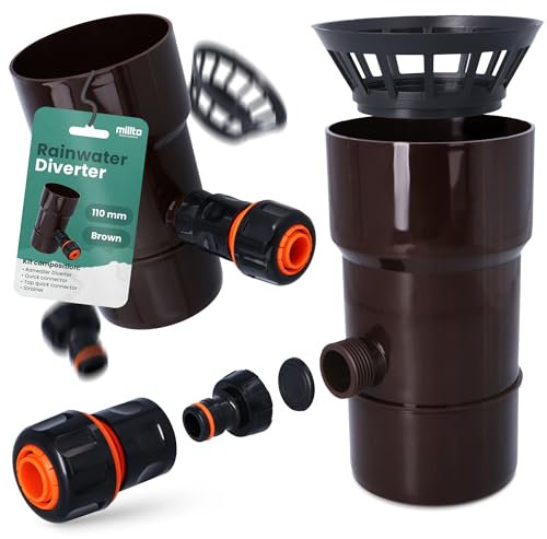 Millto™ Colector de Lluvia para Bajante y Depósito de Lluvia DN Ø110 mm Marrón | Recuperador de Agua con Filtro Desagüe Drenaje de Canalón Bajada Conexión para Manguera de Jardín
