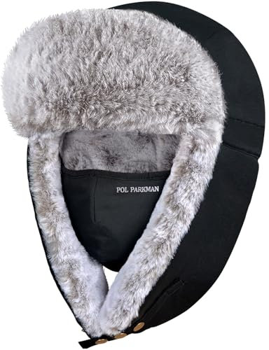 POL PARKMAN Wintermütze Fliegermütze mit Ohrenklappen, Unisex Winddicht Russische Mütze, Warme Ushanka Schneedichte Kunstfellmütze für Outdoor-Aktivitäten
