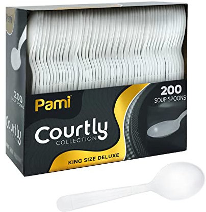 PAMI Heavy Weight Disposable Plastic Soup Spoons [200-Pack] - Bulk King Size Deluxe White Plastic Silverware For Parties, Weddings, Catering Food Stands, Takeaway- Heavy-Duty Single-Use Partyware