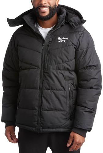 Reebok Mens Winter Jacket - Thick Heavyweight Ski Winter Coat - Warm Insulated Quilted Hooded Puffer Coat for Men, Size Medium, Black