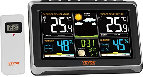 VEVOR Weather Station Indoor Outdoor, 7.5 in Color Display, Wireless Digital Home Weather Station, with Sensor Atomic Clock Adjustable Backlight Forecast Data Calendar Alarm Alert Temperature-NO WIFI