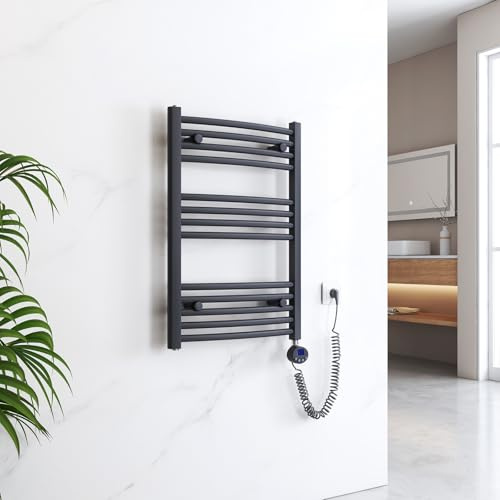EMKE Badheizkörper Elektrisch 750x500 mm - Gebogen Handtuchheizkörper Elektrisch, Elektrischer Handtuchwärmer Handtuchtrockner Handtuch Heizkörper Bad mit Thermostat und Heizstab - 300W, Anthrazit