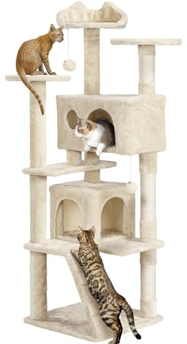 Yaheetech Arbre à Chat 158 cm, Arbre à Grimper avec 2 Niches 3 Plateformes 2 Boules en Sisal Multi-Niveaux Idéal pour 3-4 Chats, Beige