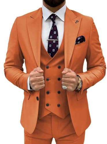 TIJOFA 3 Piece Suit Men Slim Fit Double Breasted Suit for Men Wedding Suits Classic One Button Formal Prom Dinner Tuxedo, Rusty Orange, M