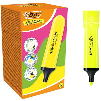 BIC Marking Flat Highlighter Subrayadores con Punta Biselada Modular (1,2 mm-4,6 mm) - Amarillo Neón, Pack de 12