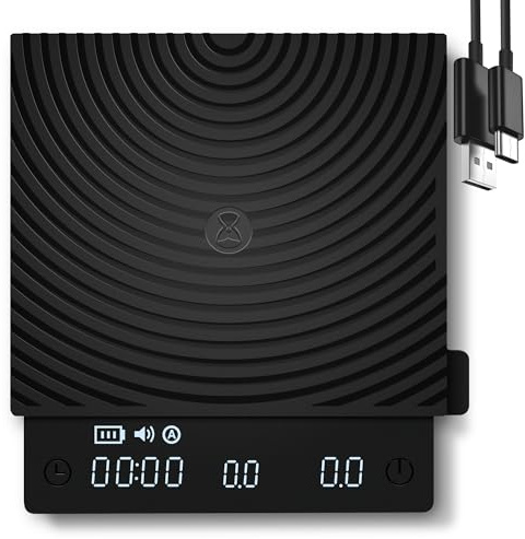 TIMEMORE Black Mirror Mini, digitale Kaffeewaage mit Timer, 2 kg/0,1 g, Durchflussrate-Funktion, kompakt und tragbar, Silikon-Schutzhülle, Espressowaage, schwarz