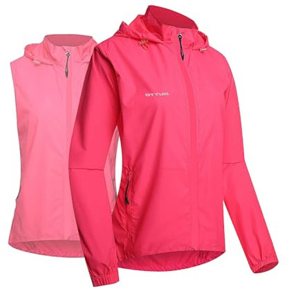HARLSO Damen-Fahrradjacke, wasserdichte Fahrradweste, hohe Sichtbarkeit, reflektierend, ärmellose Weste, 2-in-1-Reitbekleidung mit abnehmbaren Ärmeln, ultraleichtes MTB-Trikot,Pink-XXL