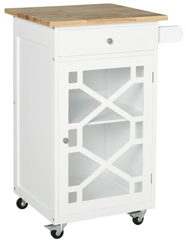 HOMCOM Serveringsvagn - rullande köksvagn - låda, garderob, handdukshängare - dim. 63 L x 45 l x 86 cm - vit trästruktur