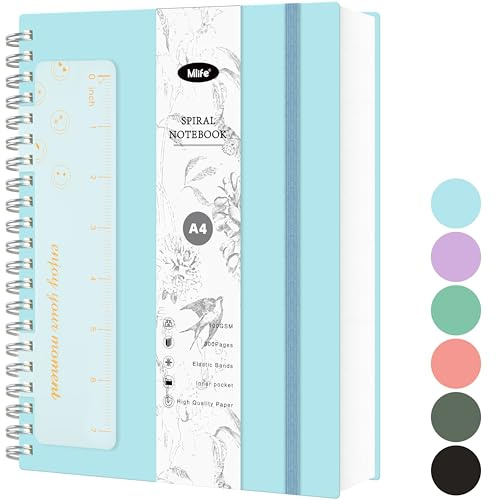 Mlife Notebook A4 Dotted,Bullet Dot Journal,300pages Spiral Notebook,100g/M² Ink-Resistant Paper,PVC hardcover，with Ruler,Expandable Pockets,Elasticated Ribbon,21x 28cm(Blue)