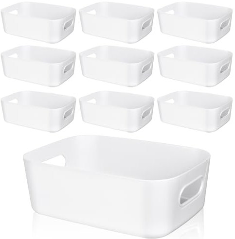 Akamino 10 Pcs Plastic Storage Boxes, 20.5X14X7Cm White Storage Baskets With Handle, Small Rectangular Cupboard Organiser Portable Storage Bins for Office Home Kitchen Bathroom