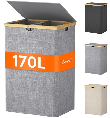 Lifewit 170L Bambus-Wäschekorb mit 3 Fächern und Deckel, Hellgrau | Faltbarer Wäschesammler mit 3 herausnehmbaren Wäschesäcken und Bambusgriffen, Wäschesortiersystem für Schlafzimmer und Bad