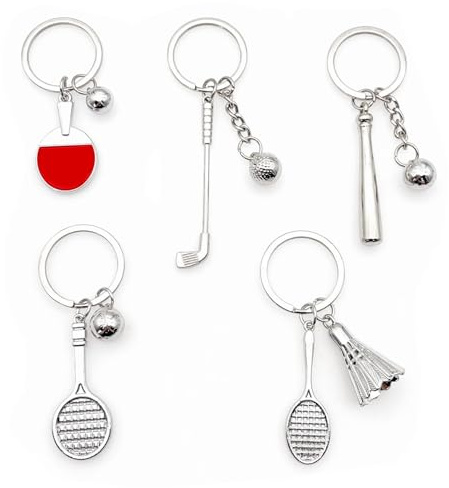 JZK 5x Metall Mini-Golf-Schlüsselanhänger Baseball Badminton-Schlüsselring Tischtennis, Souvenir Geburtstagsgeschenke mit Ballsport-Thema, Ballspiel-Preise, Geschenk für Sportlehrer