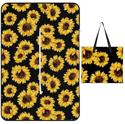 JZemdybill Picknickmatte mit Reißverschluss, Frühlings-Sonnenblumen, Retro-Blumen, Picknickdecke, Outdoor-Teppiche, 150 cm x 100 cm