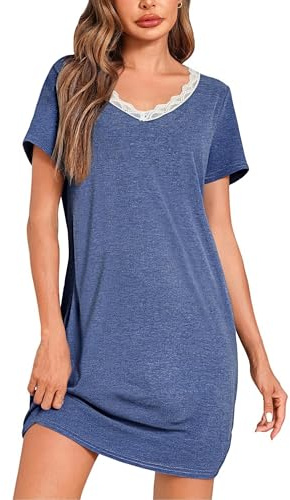 Litherday Chemise de Nuit Femme Sexy Coton Dentelle Robe à Manches Courtes Nuisette Col en V Vêtements D'Intérieur Bleu L