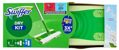 Swiffer Panni Cattura Polvere, 1 Scopa e 8 Panni Microfibra Dry e 3 Panni Lavapavimenti, Cattura Polvere e Sporco, Ottimo per Tutti i Tipi di Pavimenti e per i Peli di Animali