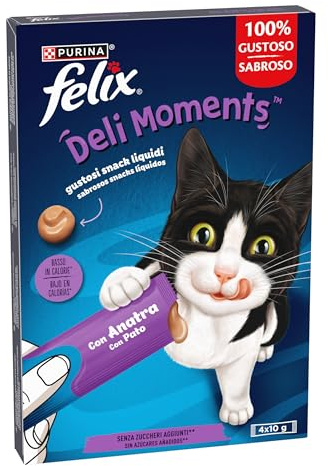 Purina Felix DeliMoments, Snack líquido, Premio para Gato con Pato, 11 Paquetes de 4 Sobres de 10g