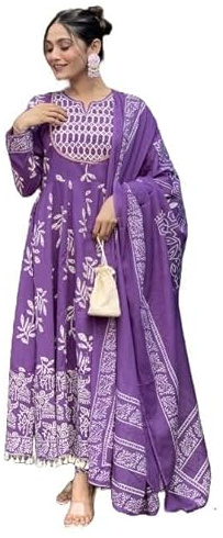 Sambhav Quilt Hub dam tryckt anarkali kurta och byxa set med Dupatta, Lila, L