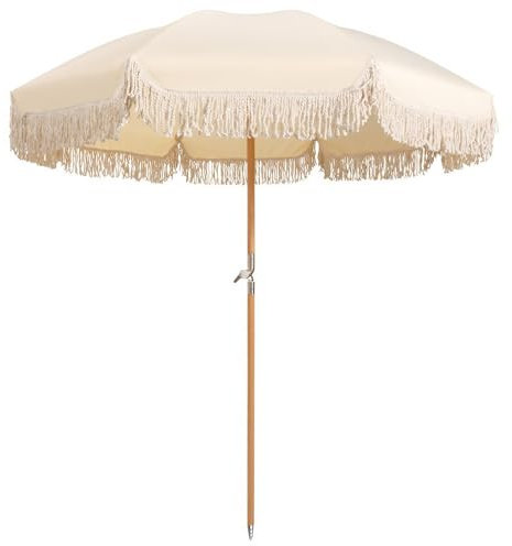 Parasol de Jardin Pliable et Portable, Parasol de Plage de 200 cm avec Franges, avec Inclinaison Réglable et mât Robuste