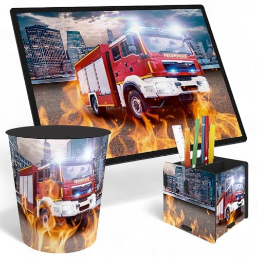 itenga SET Papierkorb Schreibunterlage und Stifteköcher mit Motiv - Papierkorb für Kinder mit Motiv - rund ca. 11 Liter passende Schreibtischunterlage und Schreibtisch Organizer (Motiv Feuerwehr)