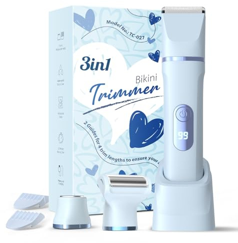 Rasierer Damen, 3-in-1 Intimrasierer für Frauen, für Körper & Intimbereich mit LED-Anzeige, Damenrasierer elektrisch IPX7, Wiederaufladbar mit USB-Ladestation, Trimmer Damen nass & trocken, Blau