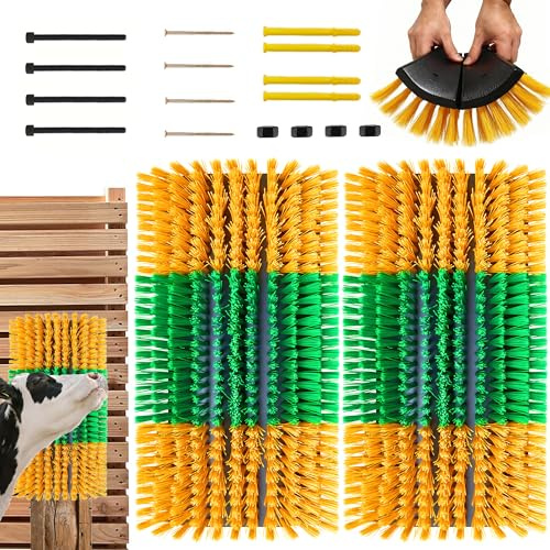 Stop Constant Rubbing and Fence Damage - Livestock Scratching Brush 2 Pack for Cattle Horse Goat Pig Sheep, Itch Relief Grooming Post, Weather Resistant Barn Fence Mount with 8 Screws 17 x 8 in