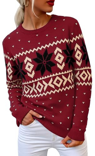 Terecey Jersey Navidad Mujer Cuello Redondo Suéter Navideño Punto de Manga Larga Ropa Navidad Cálida Christmas Sweater para Invierno y Regalo