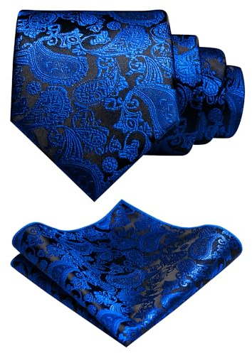 RBOCOTT Royal Blue Paisley Tie and Pocket Square Tie Clip Sets for Men(3)