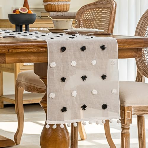 MEIVINES Camino de Mesa Moderno 35 x 180 cm Boho Gasa Gasa Camino de Mesa Estilo Rústico con Borlas para Mesa de Comedor,Mesa de Centro,Restaurante,Decoración (Negro y Blanco, 1PCS)