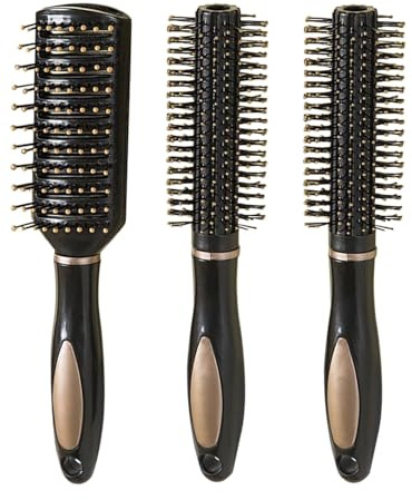 2 PCS Round Hair and 1 PCS Brush Flat Comb, Curling Hair Styling Tools, Heat-Resistant Dryer Brush for Smoothing Curly or Wavy