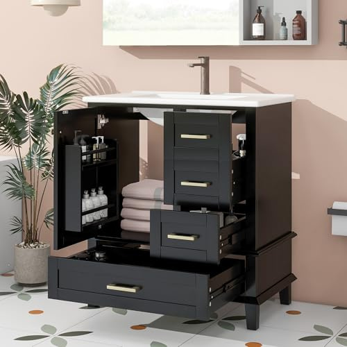 Merax Bodenstehender Badezimmerschrank mit Waschbecken, Waschtisch, komplett lackiert, Türregal, DREI geräuschlose Schubladen, integriertes Keramikwaschbecken, Schwarz, 73x45,5x83,5cm