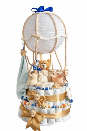 Fox & Friends Knbo Design Windeltorte Heißluftballon – Babygeschenk zur Geburt Königsblau und Naturtönen