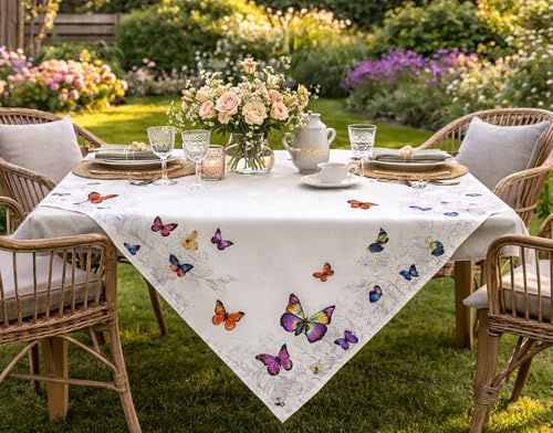 KAMACA Tischdecke Mitteldecke 80x80 cm Zaubergarten mit Schmetterlingen – Elegantes Natur-Design für Frühling & Sommer, Pflegeleichte Orchideen - Tischdecke für Esszimmer, Balkon & Garten