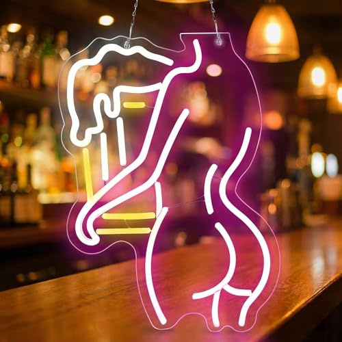 Lady Back Neonleuchte mit USB Betrieb/Batterie 40x30cm, Bier LED Neon Schild Dimmer und Speicherfunktion, Leuchtreklame Wanddekoration für Bar Home Party Nachtclub Restaurant Festival Geburtstag