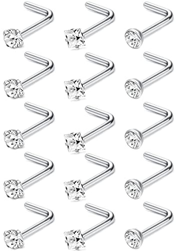 Roheafer 15 Stück Nasenpiercing Stecker Silber 316L Chirurgenstahl 18G 20G | Nasenstecker Set L-Form/Korkenzieher/Gerade, Hypoallergener Nostril Piercing mit Zirkonia für Damen, Nasenstecker Schmuck