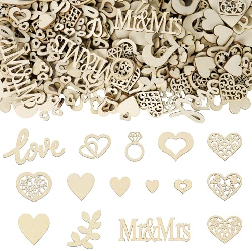 AOOTE Wooden Wedding Confetti, 394 Pcs Mr & Mrs Confetti Love Hearts Table Confetti, with 10M Hemp Rope, Wedding Table Decoration for Weddinge Engagement Anniversary Banquets Decoration
