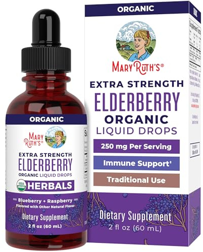 MaryRuth Organics Elderberry Syrup Extra Strength, USDA Organic Elderberry, Sugar Free Adults & Kids Immune Support Supplement for Ages 1+, Clean Label Project Verified®, Vegan, Gluten Free, 2 Fl Oz