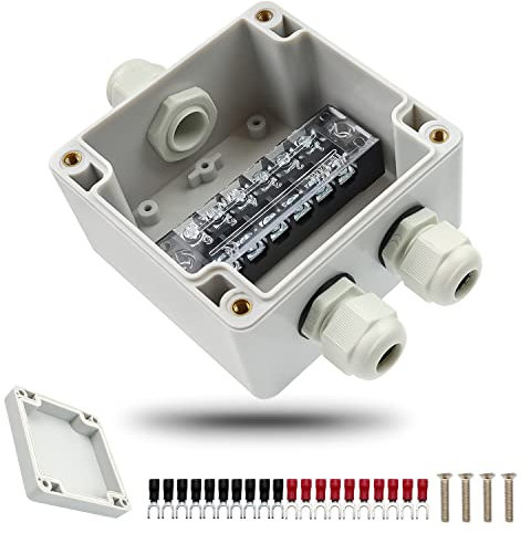 WJUAN IP66 Waterproof Junction Boxes, White 3-Pole Cable, Plug with Screw Terminal Strip and Y- Cold-Pressed Terminal, PG9 Outdoor Project Box for Ø 4-8 mm Cable (82 x 80 x 56 mm)