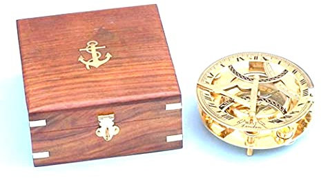 Vimal Nautical Runde Sonnenuhr-Kompass-Holzbox aus massivem Messing, goldfarben und rot, 15,2 cm, handgefertigte Materialien: mittel: Metall, Messing und Holz