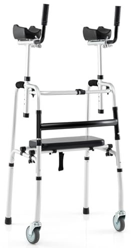 GYMAX Walking Frame, Folding Standard Walker with Wheels, Arm Supports and Soft Padded Seat, Height Adjustable Assisted Walking Aid (Silver + Black)