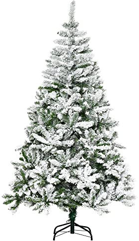 HOMCOM 6 Ft Snow Flocked Artificial Christmas Tree Xmas Pine Tree with Realistic Branches, Auto Open and Steel Base, Green