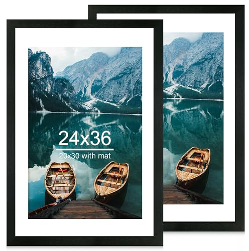 Hongkee 24x36 Poster Frame Set of 2, Rustic Black Wood Style - Display 24 x 36 Poster without Mat or 20x30 Picture with Mat, Wall Mounting Horizontal and Vertical